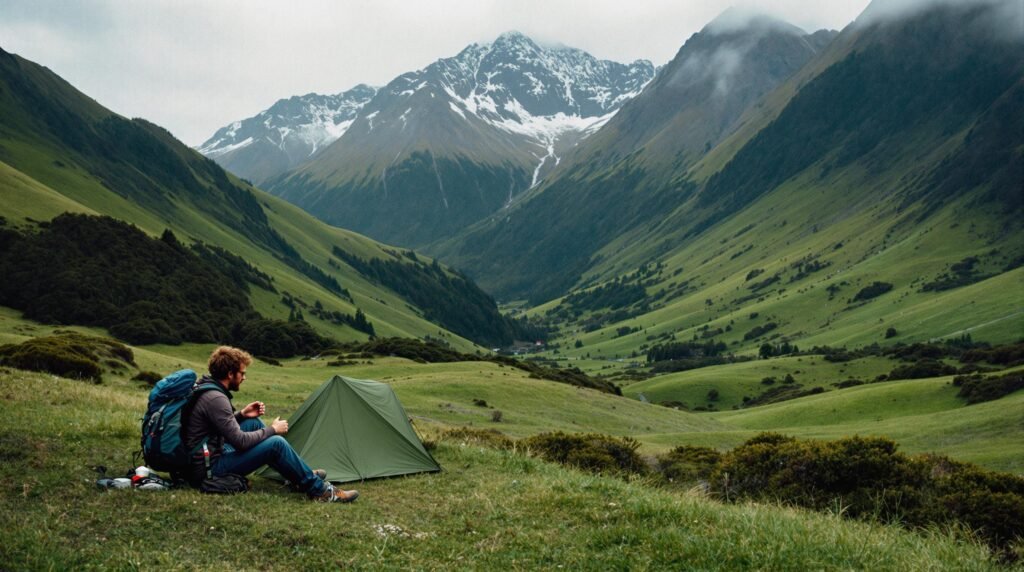 Backpacker enjoying scenic views in New Zealand on a budget