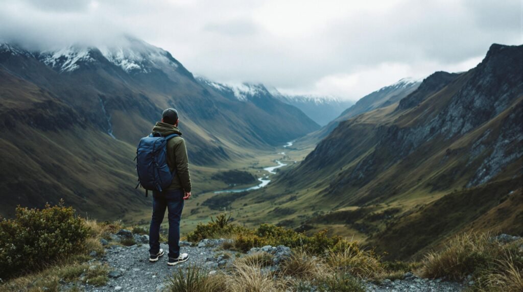 Woman traveling solo in New Zealand's scenic landscape