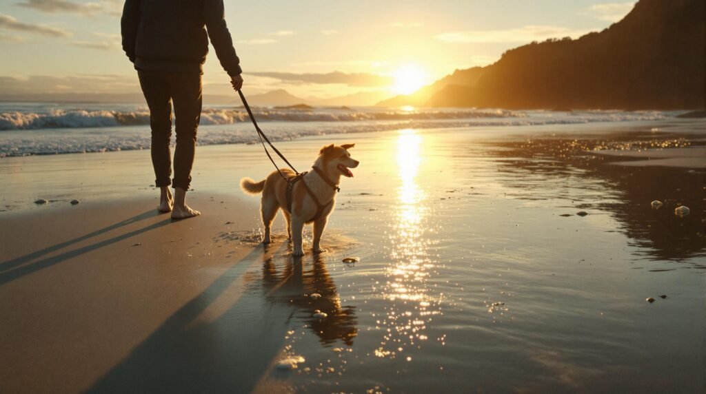Dog and owner enjoying a pet-friendly beach in New Zealand