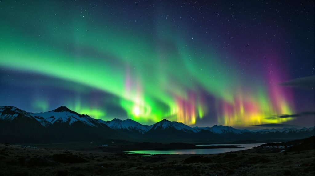 Southern Lights (Aurora Australis) dancing in the night sky over southern New Zealand
