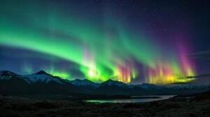 Southern Lights (Aurora Australis) dancing in the night sky over southern New Zealand
