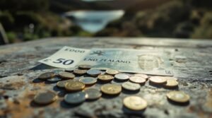 Collection of New Zealand dollar notes and coins