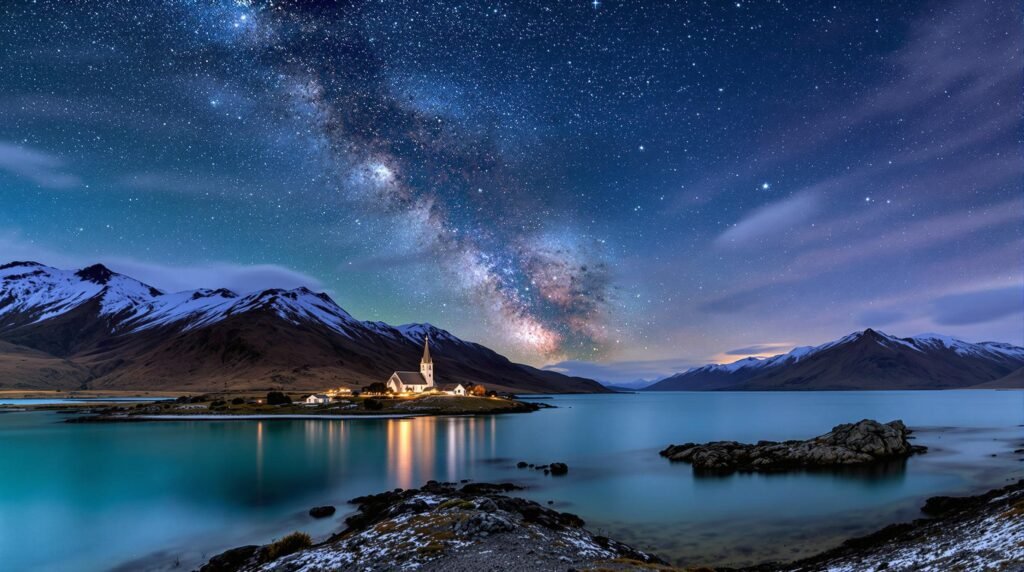 Beautiful turquoise waters of Lake Tekapo and starry night sky in New Zealand